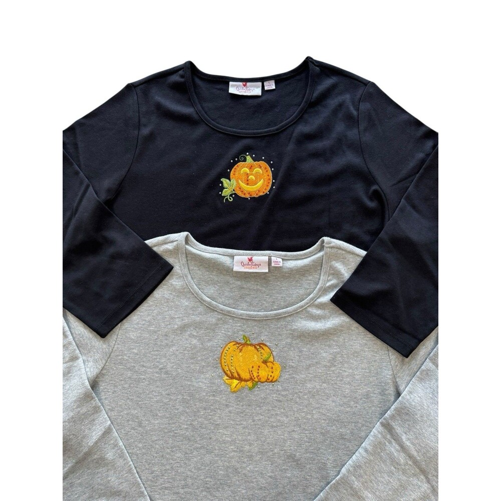 Quacker Factory Pumpkin Fall Halloween Harvest Top Bundle X2 Embroidered Large